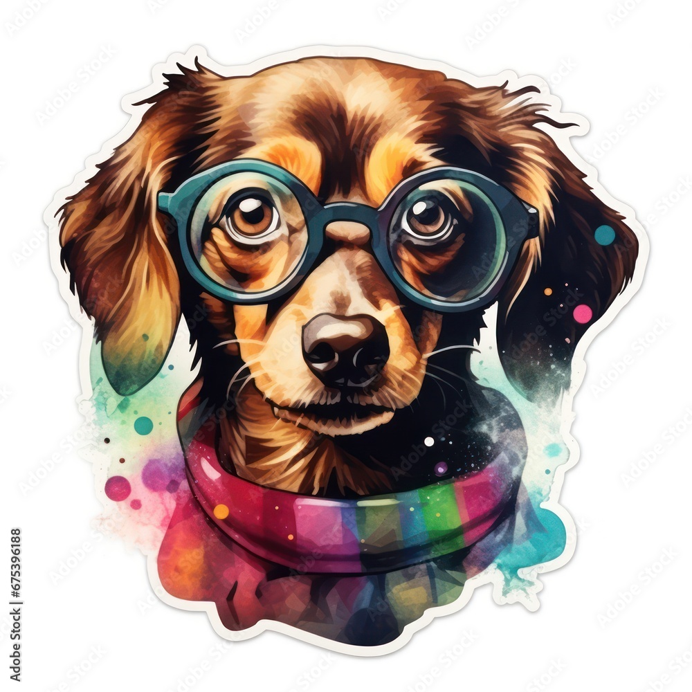 Colorful Dog clipart with vibrant color and watercolor texture, for printing design, t-shirt design, sticker, wall art, POD, isolated on a white background