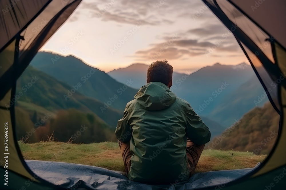 Male traveler camping on the mountain while playing on his phone