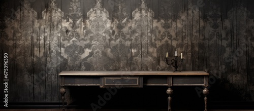 The vintage black wallpaper on the wall showcased an abstract and grunge design with a decorative background combining old school retro art elements and a textured paper finish creating a u