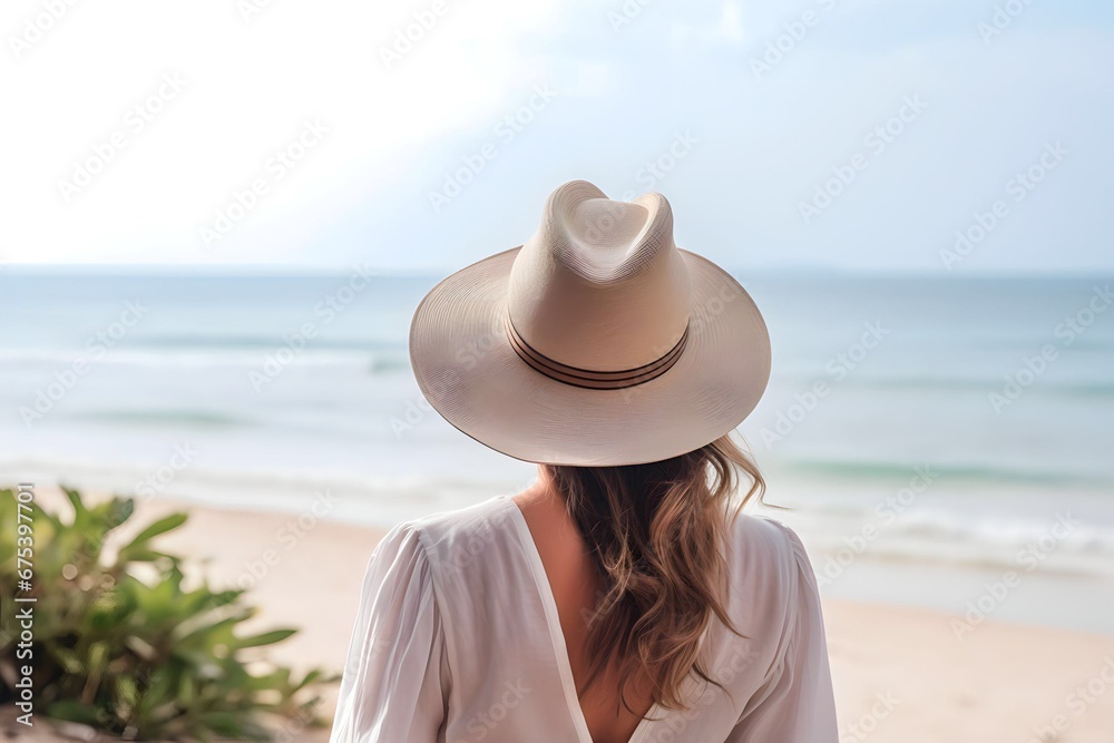 back view woman wearing a hat looking at the calm sea and sandy beach