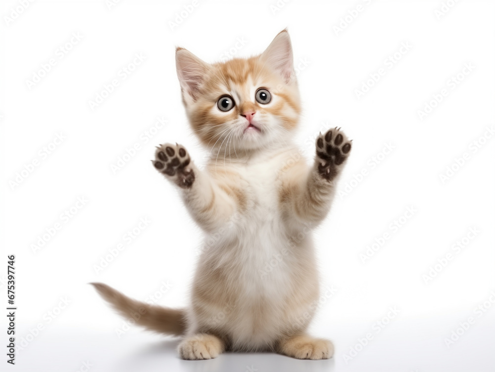 Kitten stands on its hind legs and looks at the camera, isolated on a white background. Generative AI	
