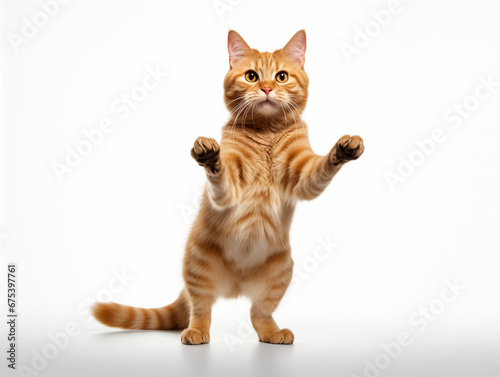 Cat stands on its hind legs and looks at the camera, isolated on a white background. Generative AI	
