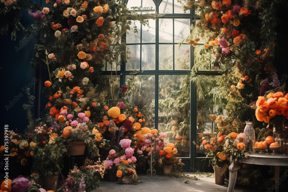 Dreamy imaginary fairy florist room - elegant greenhouse - flowers arrangments for interior decor - obrazy, fototapety, plakaty 