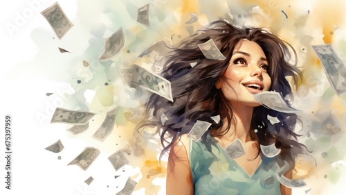 Winning a lottery, successful concept. Smiling young woman, happy expression, mouth open of excitement. money banknotes flying in air around. watercolour style