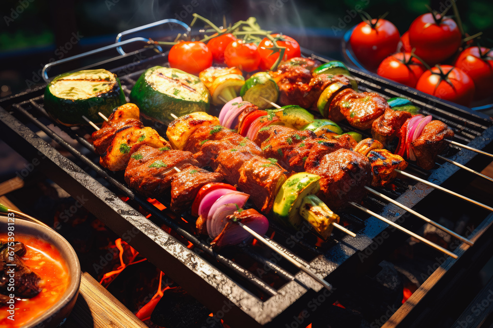 Barbecue grill with delicious meat and vegetables. Summer vacation and grilling with the family. BBQ picnic delicious meal.