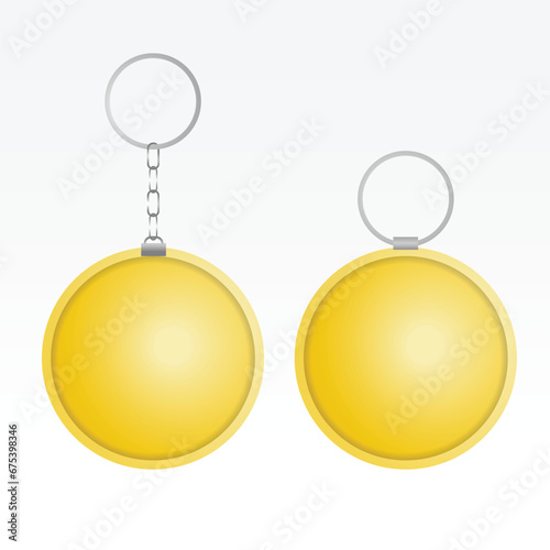Vector 3d Realistic Blank yellow Round Keychain with Ring and Chain for Key Isolated on White.