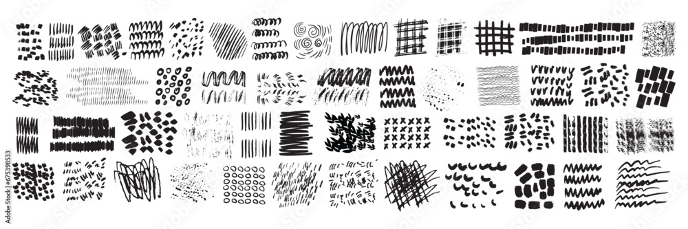 Hand drawn doddle texture set, vector circle pattern, curvy line ink pen, pencil wave scribble, dots. Grunge vintage organic shapes, simple geometric repeat stipe, paint strokes. Hatch doodle texture - obrazy, fototapety, plakaty 