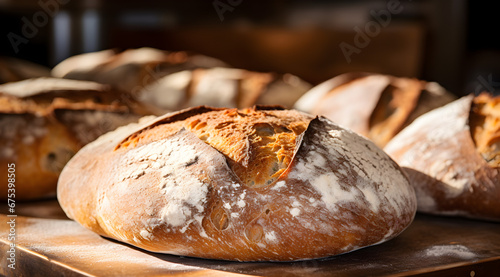 Artisan sourdough bread with a golden crust. Freshly baked in a bakery.