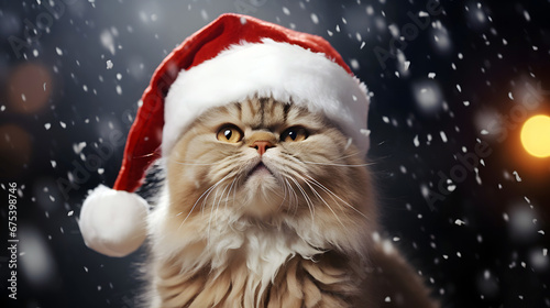 Cute grey cat wearing Santa Christmas red hat in snow falling sky winter scene