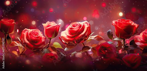 red roses with wine glasses, confetti, and red fabric Generative Ai