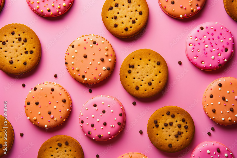 Obraz premium Many delicious cookies on pink background. Chocolate and glazed decorated cookies. Freshly baked with love. Cookies for you.