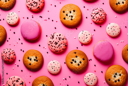 Many delicious cookies on pink background. Chocolate and glazed decorated cookies. Freshly baked with love. Cookies for you.