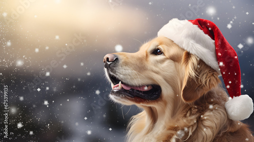Golden retriever dog wearing red Santa Claus hat outside in the falling snow. Christmas and seasons greetings