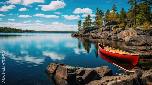 A red canoe rests on the rocky shore of a calm blue