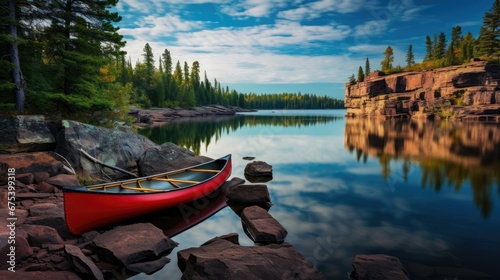 A red canoe rests on the rocky shore of a calm blue photo