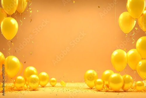 Fototapeta 3D Rendering concept of birthday valentine wedding party event background or for commercial. Yellow theme balloons with light and paper copy space for text and gift on background. 3D Render