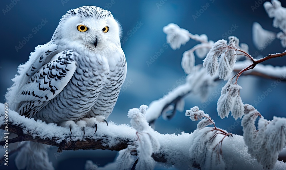 Biała sowa siedząca na gałęzi pokrytej śniegiem.  - obrazy, fototapety, plakaty 