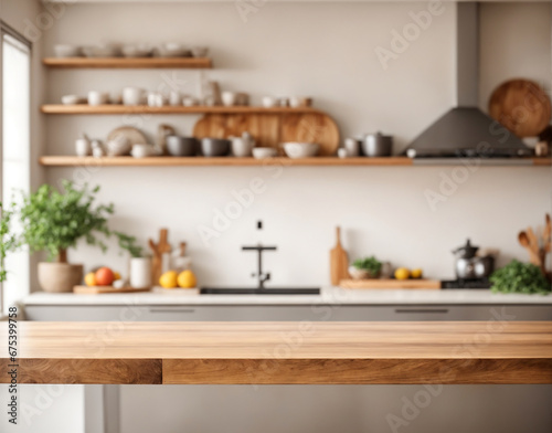 kitchen interior with wooden table in front
