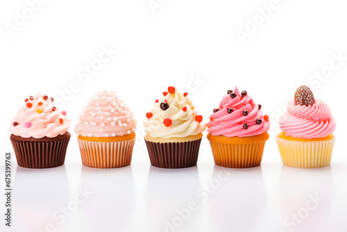 Many delicious cupcakes on white background. Chocolate and glazed decorated frosted cupcakes. Freshly baked with love. Cupcakes for you.