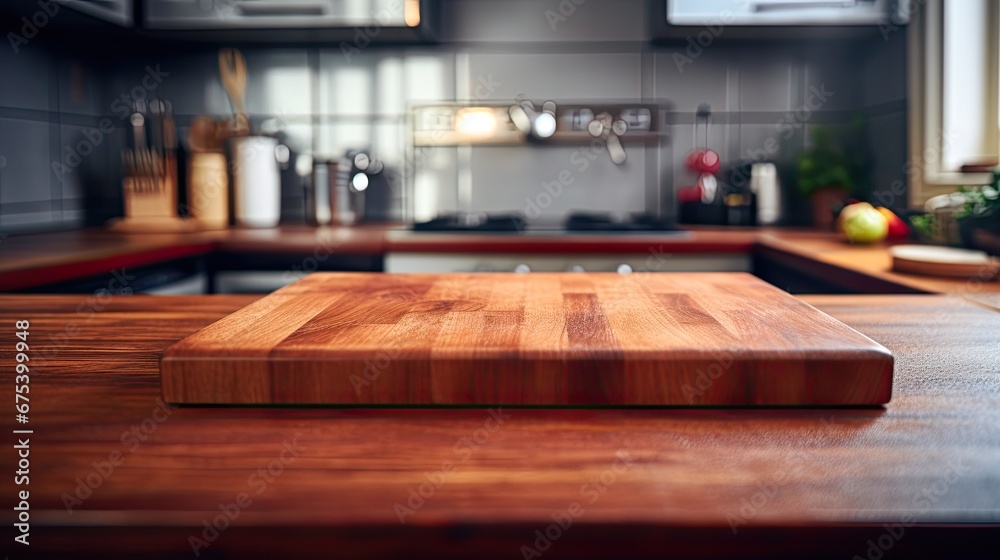 a clean wooden chopping board on a kitchen surface - wide angle shot a clean wooden chopping board on a kitchen surface - wide angle shot