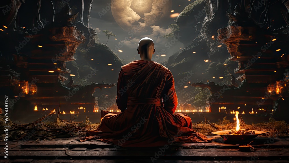 Mnich medytujący w świątyni. - obrazy, fototapety, plakaty 