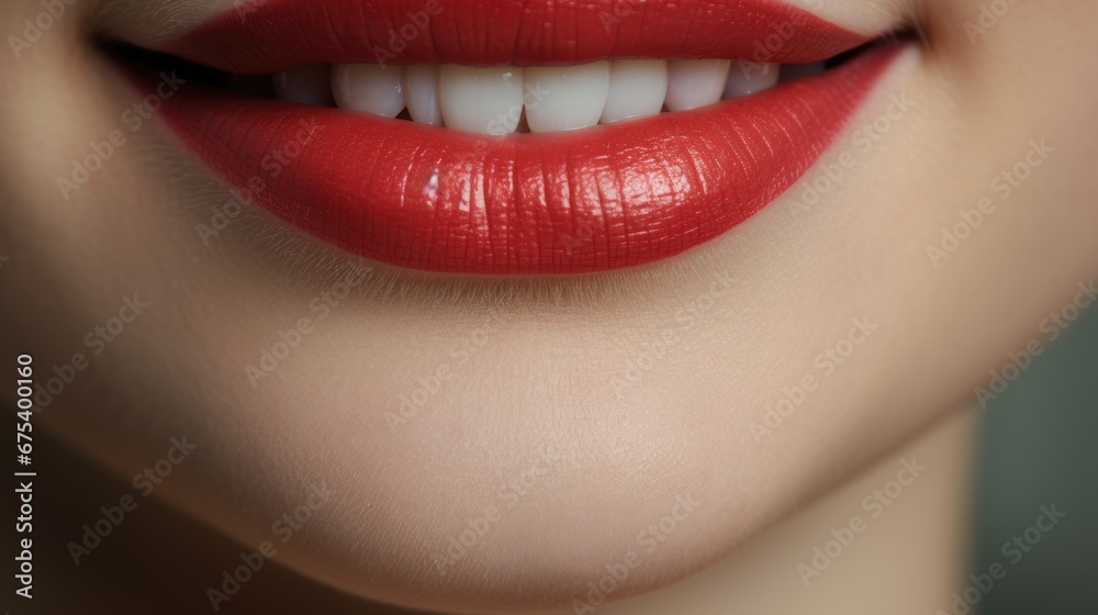 Fototapeta premium World Day of Smiles. Female seductive lips painted with red lipstick smiling.