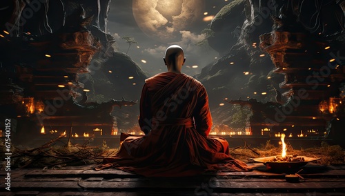 Mnich medytujący w świątyni.