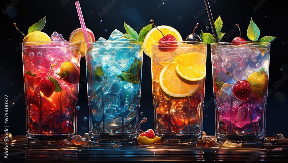 Kolorowe drinki z owocami i lodem  - obrazy, fototapety, plakaty 