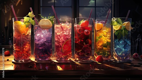 Kolorowe drinki z owocami i lodem 