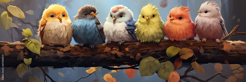 Trzy puszyste ptaszki siedzące na gałęzi.  - obrazy, fototapety, plakaty 