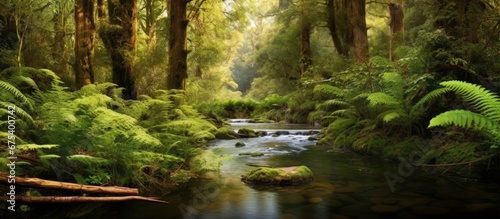 The clear and crisp freshwater river flows through the enchanting forest surrounded by towering trees lush ferns and native plants creating a natural paradise where the soothing sound of wat photo