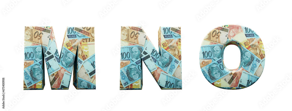 Brazil money alphabet. Letters M, N, O,  formed with bills of 20, 50 and 100 reais. Font in 3d render isolated on white background, with clipping saved.