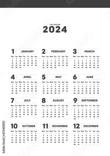 2024年のシンプルな年間カレンダー - 月曜始まり･12ヶ月･1年分の暦 - A4比率･縦