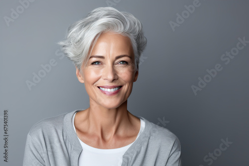 Adult woman with smooth healthy face skin. Beautiful aging mature woman with gray hair and happy smiling. Beauty and cosmetics skincare advertising concept  photo