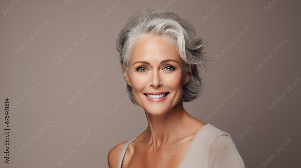 Beautiful aging mature woman with gray hair and happy smiling touch face Beautiful aging mature woman with gray hair and happy smiling touch face