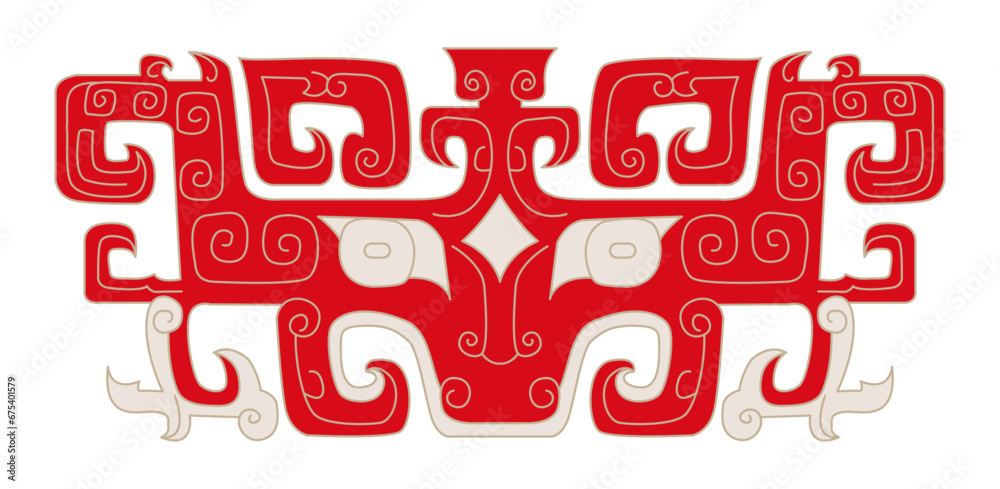 Red white symmetrical abstract design pattern. Curved lines shapes complex ornate art deco graphics.