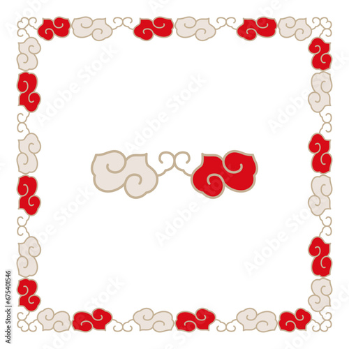 Frame border. Red white swirly curls corners. Square symmetrical design pattern. Abstract Art Deco Ornate Fancy Elegant Exquisite Intricately Detailed Ornament.