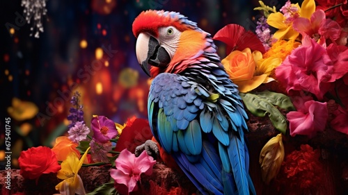 the spirit of New Year with a cheerful parrot, its feathers adorned with vibrant decorations, perched on a branch amidst colorful flowers, adding a tropical touch to the celebration.