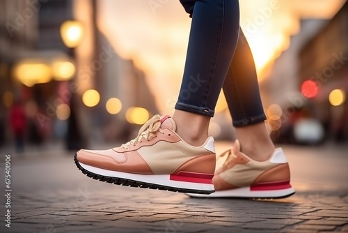 Woman in stylish sneakers walking on city street