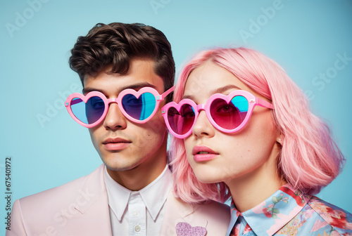 Gen Z fashion couple with trendy pink sunglasses, heart in the background, love and Valentine's day concept, fun pastel colors, hd photo