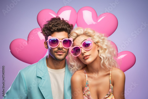 Gen Z fashion couple with trendy pink sunglasses, heart in the background, love and Valentine's day concept, fun pastel colors, hd photo