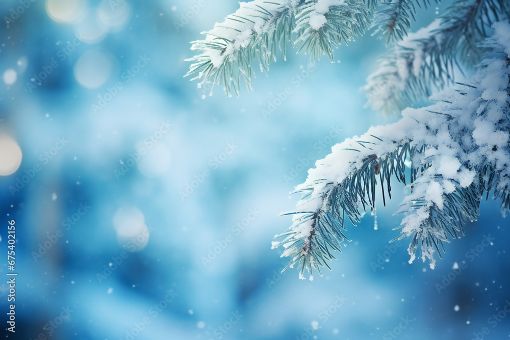 A pine or fir tree branch covered in snow with a blurred winter landscape in background A pine or fir tree branch covered in snow with a blurred winter landscape in background