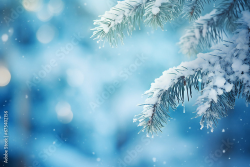 A pine or fir tree branch covered in snow with a blurred winter landscape in background