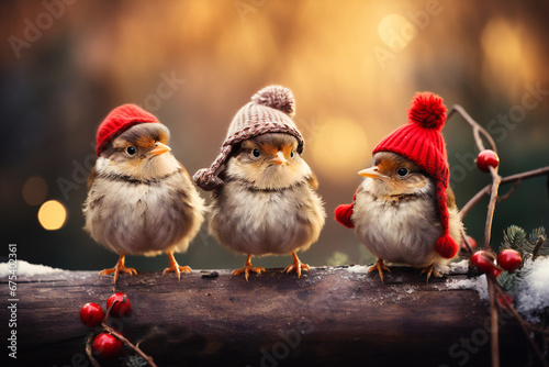 Three cute little birds on a tree branch in winter, wearing small hats © Adrian Grosu