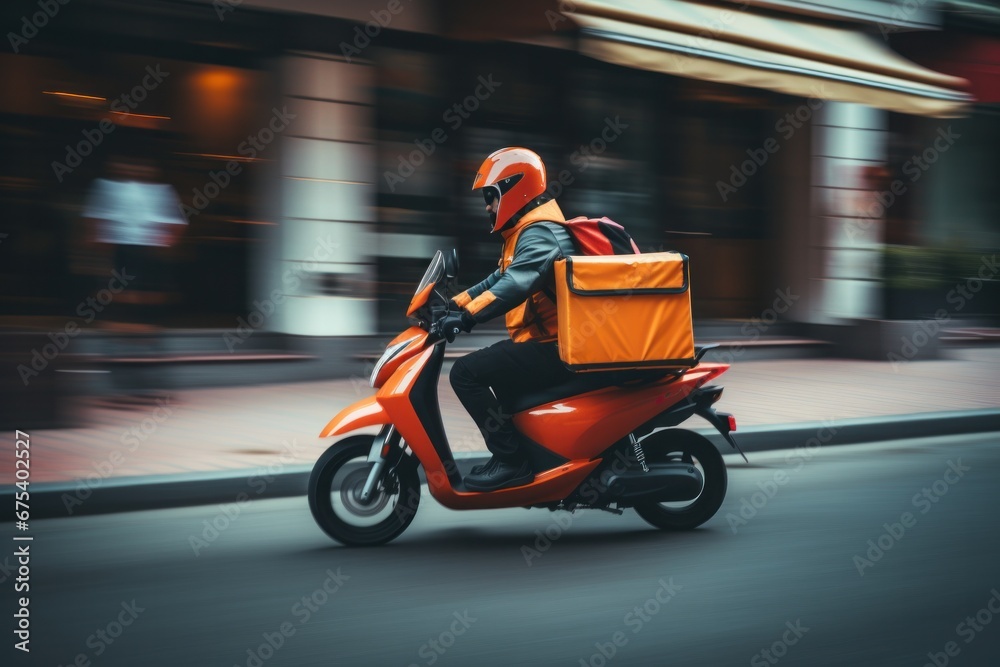 Food delivery man with a backpack on his back Riding a scooter on the way to a customer's house Fast delivery service Food delivery man with a backpack on his back Riding a scooter on the way to a customer's house Fast delivery service