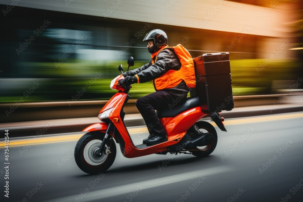 Food delivery man with a backpack on his back Riding a scooter on the way to a customer's house Fast delivery service