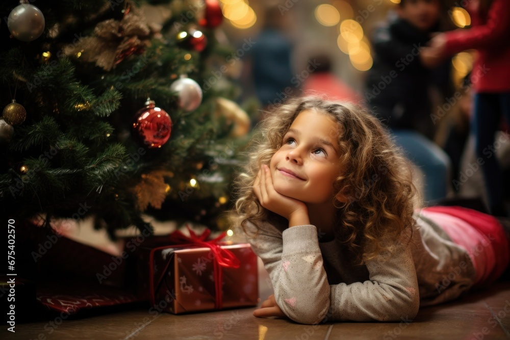 A girl lies on the floor near the Christmas tree, excitedly waiting for the right moment to open her Christmas gifts.