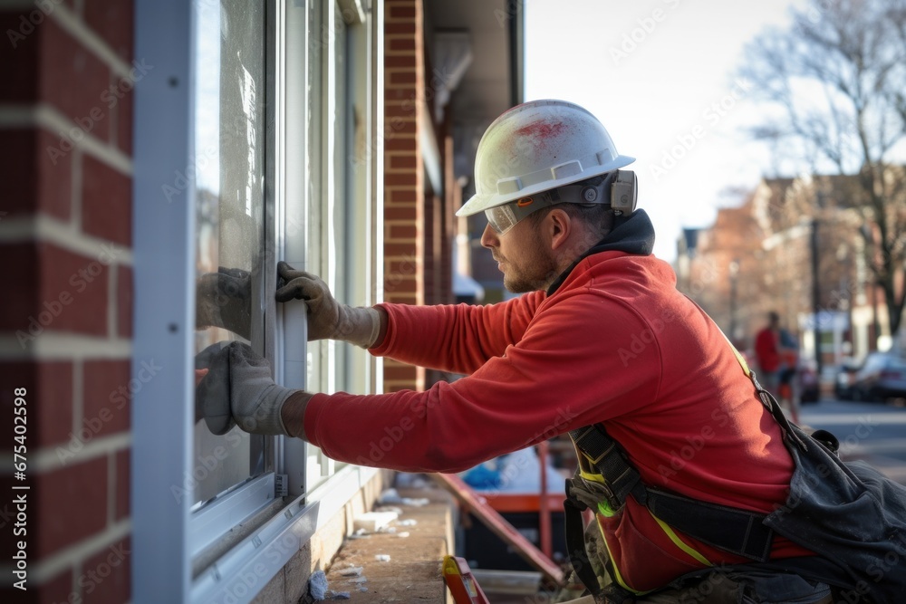 Professional technician installs new aluminum windows in home Professional technician installs new aluminum windows in home