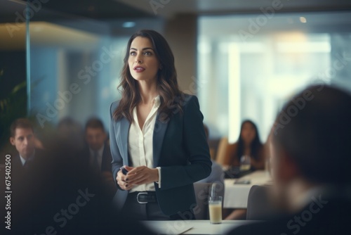 Female business leaders present in conference rooms and inspire people in the workplace.
