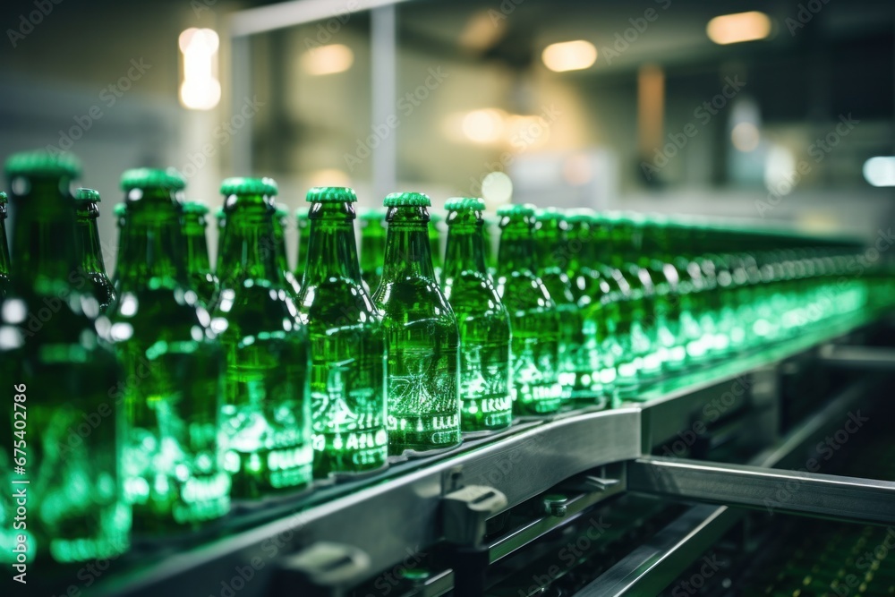 Beer conveyor belt with glass beer bottles modern production line